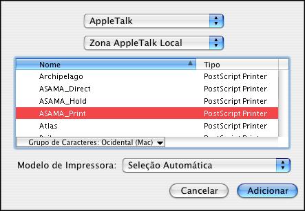 MAC OS X 28 5 Selecione o EX Print Server na lista Nome e clique em Adicionar. O EX Print Server aparece na caixa de diálogo da lista de impressoras.