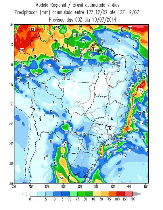 Para a semana de 12 a 18/07/2014, a previsão é de chuva fraca isolada nas bacias dos rios Jacuí, Uruguai e Iguaçu.