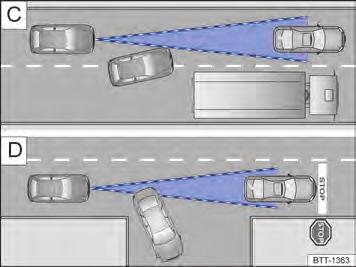 Por exemplo, se um veículo detectado pelo ACC virar ou mudar de faixa, e se houver um veículo parado à frente deste veículo, o ACC não reagirá ao veículo parado Fig. 141.