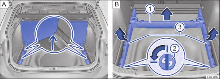 Fig. 189 No compartimento de bagagem: assoalho do compartimento de bagagem levantado, remover os suportes do assoalho do compartimento de bagagem.