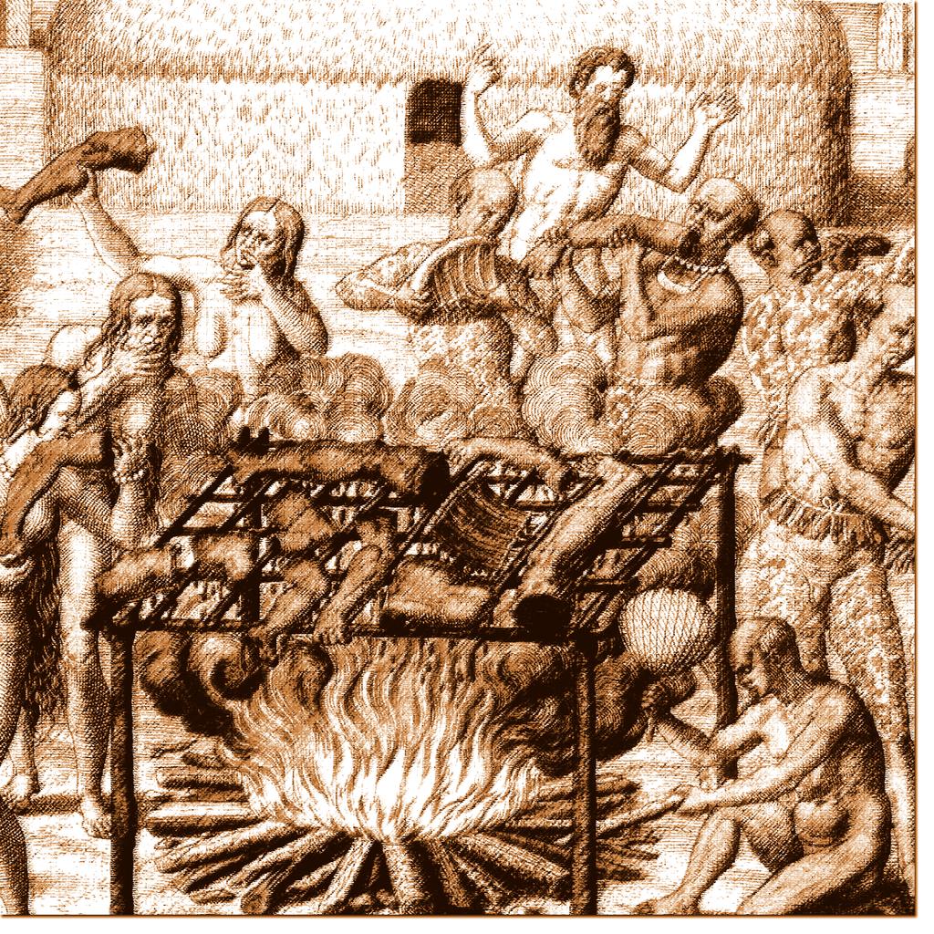 Outras linguagens... A imagem a seguir é de uma pintura clássica feita por Theodory de Bry, no século XVII. Retrata a voracidade dos índios comendo carne humana.