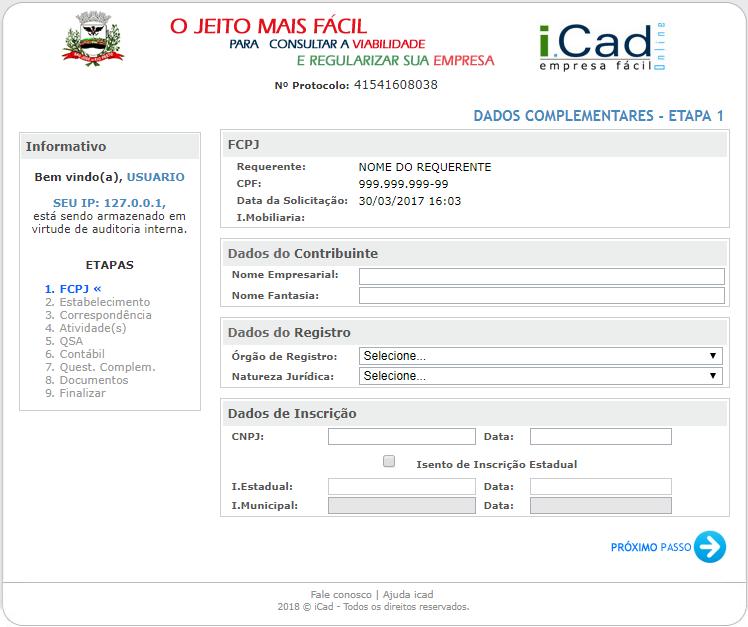Etapa 1 - FCPJ Informe os "Dados do Contribuinte", os "Dados do Registro" e os "Dados de Inscrição".