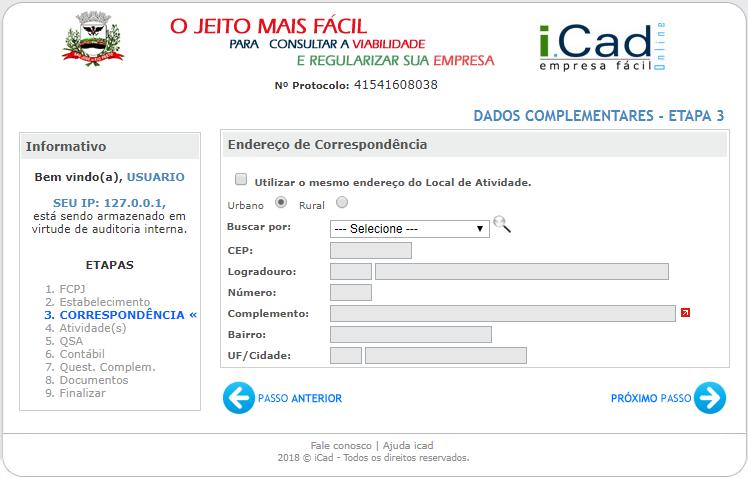 Etapa 3 - Correspondência Informe o "Endereço de Correspondência" e clique em "PRÓXIMO PASSO".