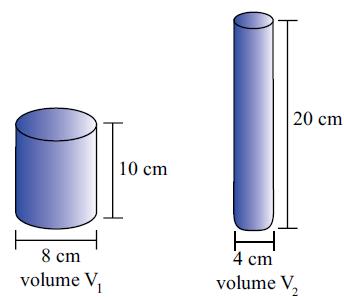 2) Considere dois cilindros como os das figuras, de volumes V1 e V2: Sabe-se que o volume (V) do cilindro é obtido pela fórmula V = π r ² h.