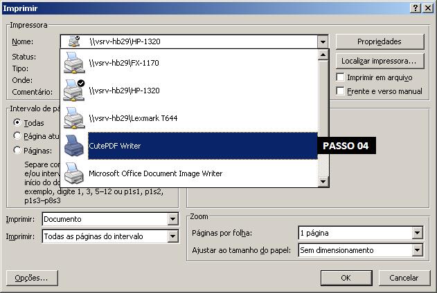 Na caixa de diálogo de Impressão, selecione a Impressora com nome de CutePDF Writer.