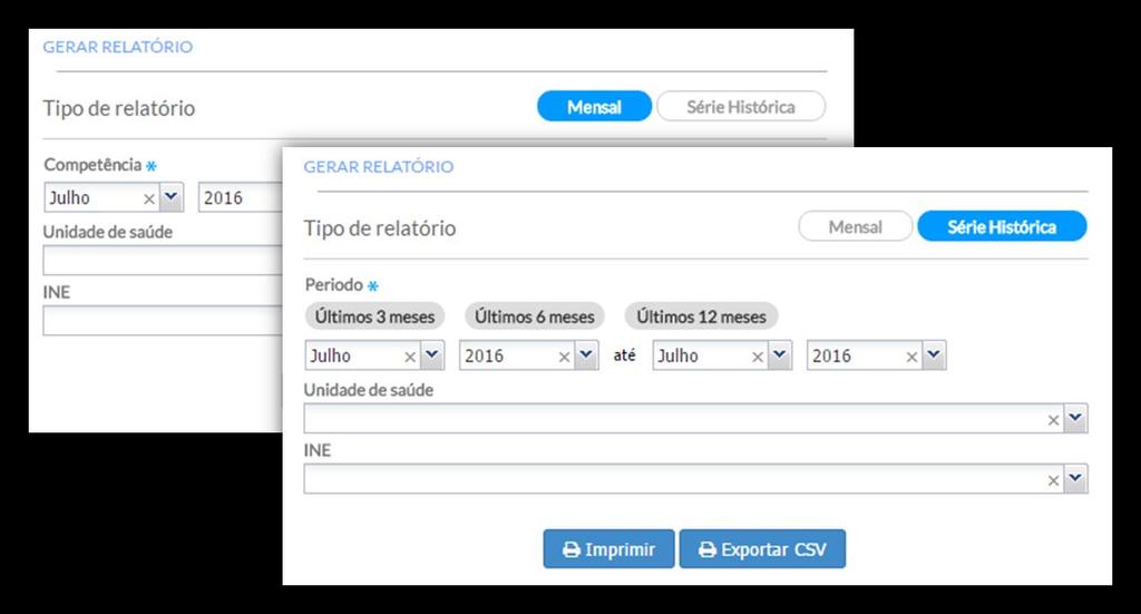 Módulo de relatórios Filtros do