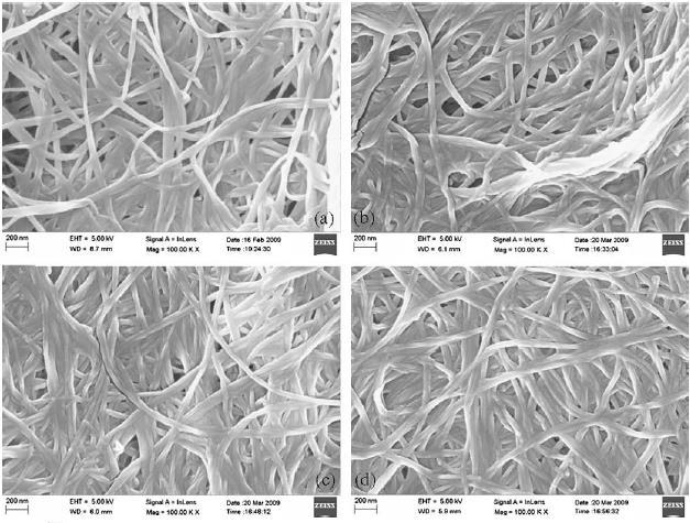 20 Figura 16 microscopia eletrônica de varredura de (a) nanofibrila não modificada, (b) nanofibrila modificada com ácido acético, (c) nanofibrila modificada com ácido hexanóico e (d) nanofibrila