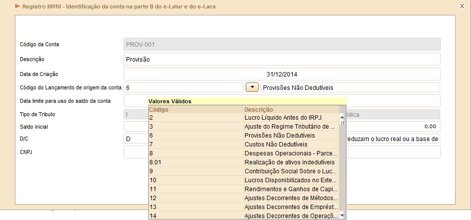 REGISTRO M010 CONTAS DA PARTE B DO LALUR E LACS CRIAÇÃO CONTA PARTE