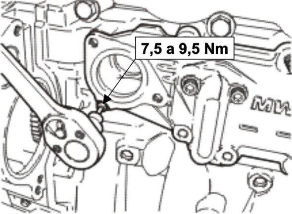 Sistema de Lubrificação 303-02-17 3. Instale o parafuso M6x16 aplicando um torque de 7,5 a 9,5 Nm (62 a 80 lb.pol.). t4. Instale a bomba d água.