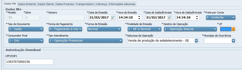 Tela de Cadastro da NF-e Aba Dados NF-e Aba destinada ao preenchimento das informações principais da Nota Fiscal.