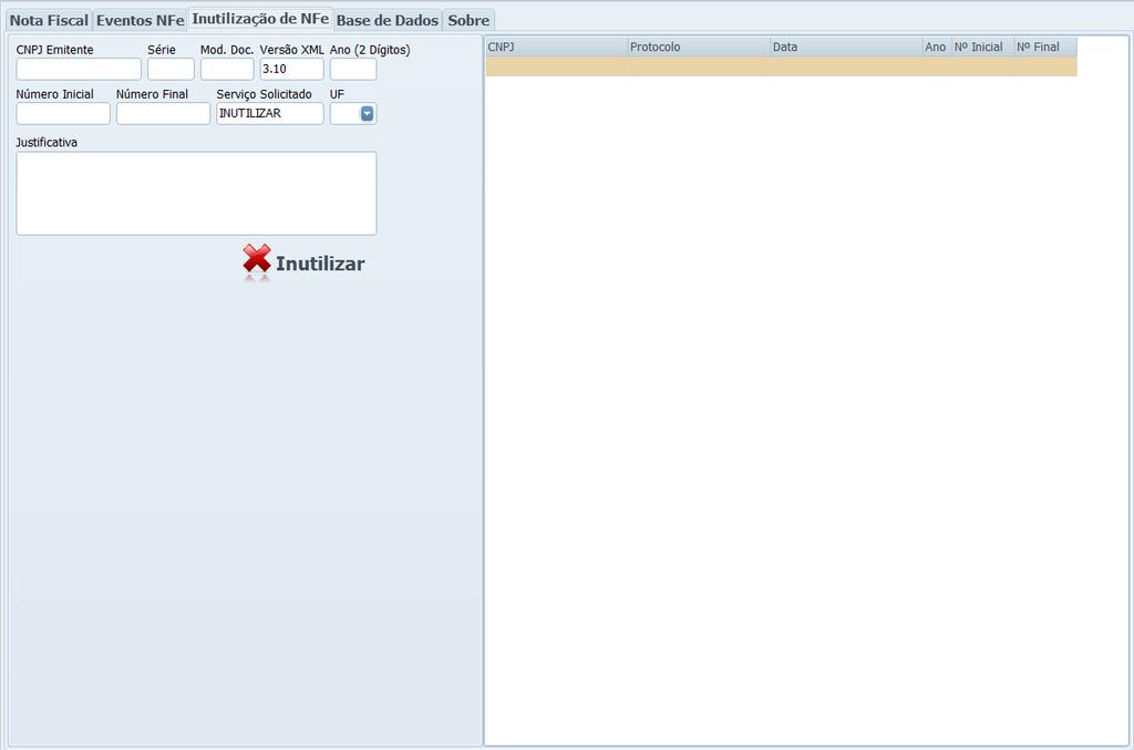 Tela de Configurações Aba Inutilização de NF-e Todos os campos são de