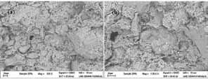 A micrografias da figura 3 mostram que a argila pura apresenta uma superfície de fratura com textura bastante rugosa, evidenciando fratura do tipo intergranular.