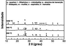 Pode-se observar um comportamento típico de material caulinítico [25]. A massa argilosa rica em caulinita apresenta uma pequena dilatação até cerca de 500 C, seguido de três retrações.