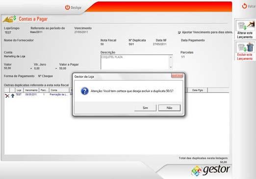 10 Clique em <Sim> para excluir a conta a ser paga.