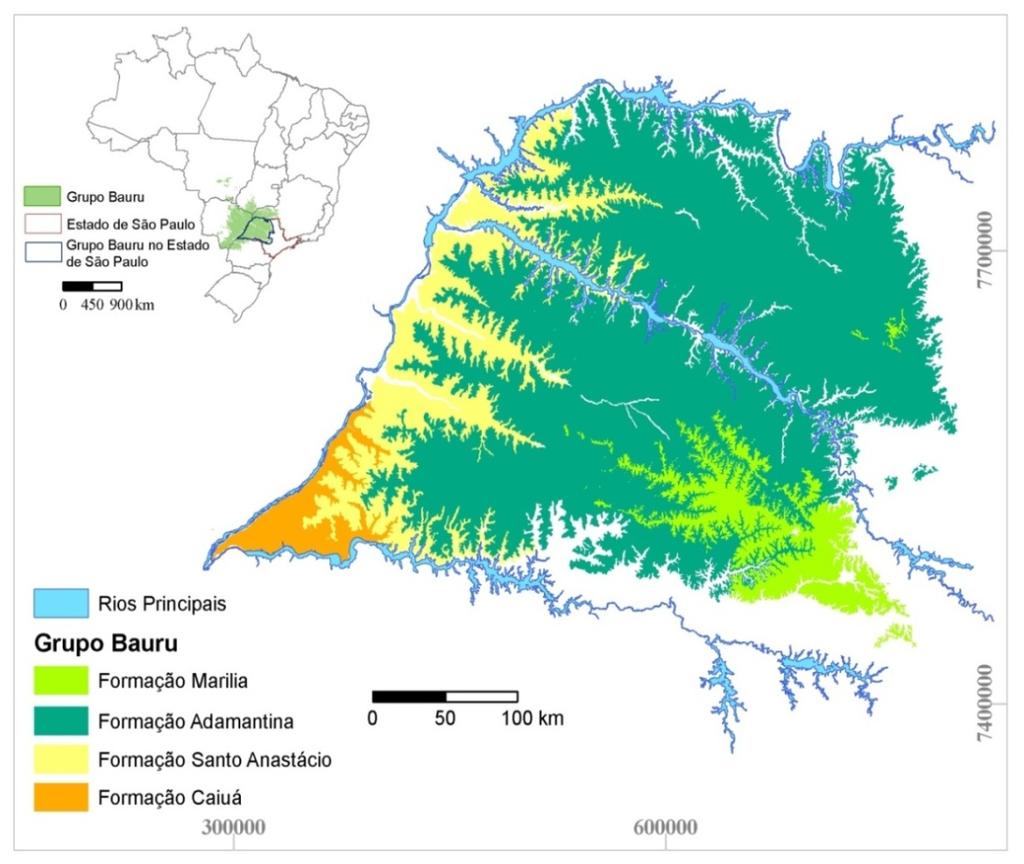 GEOLOGIA DO GRUPO BAURU (modificado de IPT, 1981) Estado de São Paulo Os sedimentos do Grupo Bauru repousam sobre os basaltos da Formação Serra Geral, por meio de discordância erosiva, e