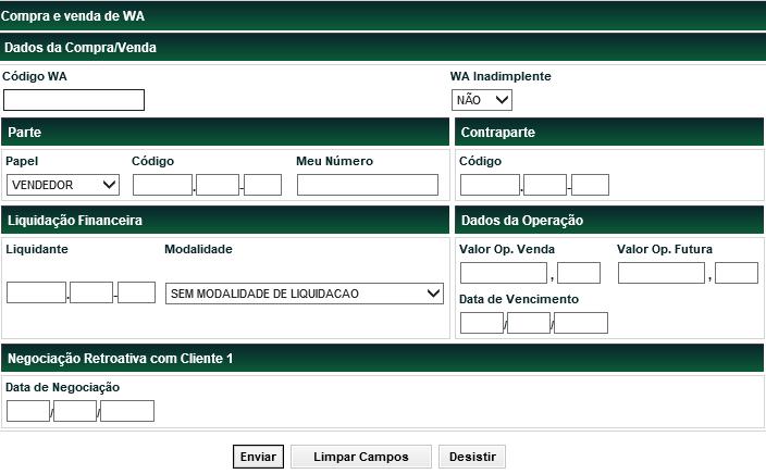 Tela Filtro Compra e Venda Isolado de WA Funções Títulos e Valores Mobiliários Após clicar no botão Enviar é exibida tela com os dados editados para confirmação da operação.