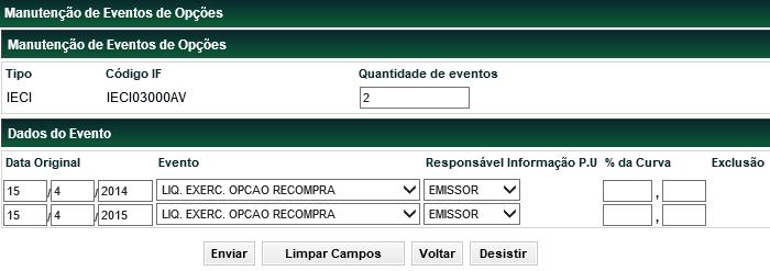 dos Campos da Tela Manutenção de Eventos de Opção Campos Data Original Evento Responsável Informação P.U Campo de preenchimento obrigatório.