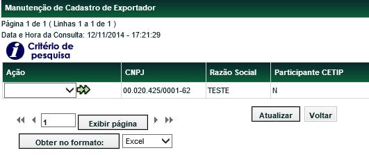 Manutenção de Exportador Menu Títulos e Valores Mobiliários > Instrumento Financeiro > Cadastro de Exportador > Manutenção de Exportador Nesta função, o Registrador pode alterar ou consultar os dados