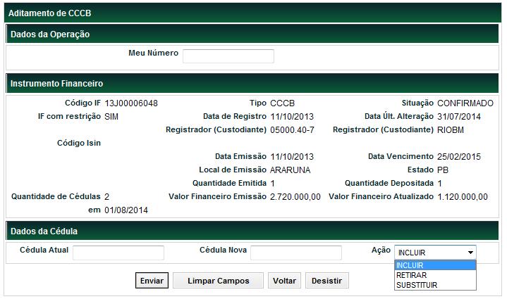 campos disponíveis para aditamento.