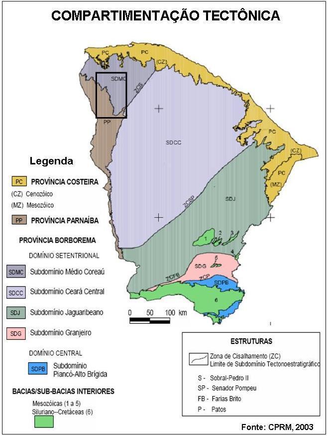 40 Figura 2. Compartimentação tectônica do estado do Ceará. Em destaque, a Ibiapaba setentrional. Fonte: Adaptado de Moura-Fé, 2015.