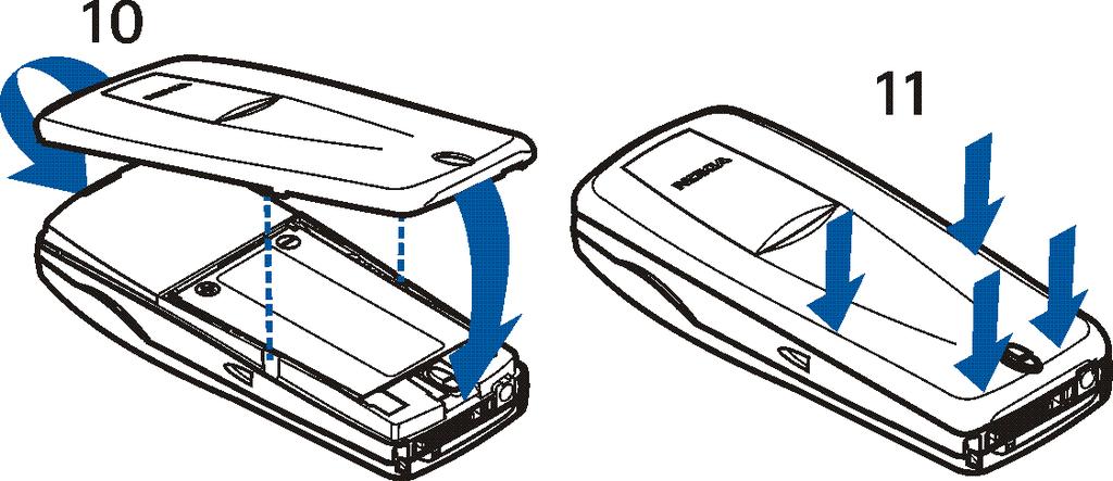 7. Para reinstalar a tampa posterior: Comece por alinhar a parte superior da tampa com a patilha de retenção situada na parte superior do telefone (10).