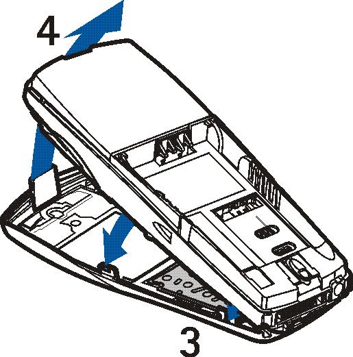 4. Para voltar a colocar a tampa frontal, primeiro encaixe as patilhas da parte de baixo da tampa dentro dos respectivos orifícios do telefone (3) e depois empurre suavemente a patilha existente na