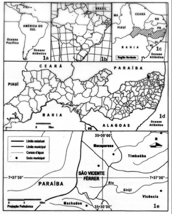 Pteridófitas de um remanescente de Floresta Atlântica em São Vicente Férrer. 461 Figura 1: Localização da área estudada. 1a. América do Sul; 1b. Brasil; 1c.