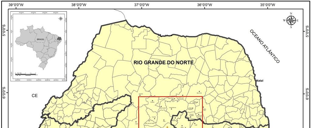 Figura 01- Mapa de localização da Área Arqueológica do Seridó, abrangendo os atuais estados do Rio Grande do Norte e da Paraíba, Brasil Elaboração: