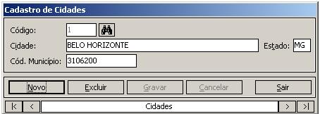 Inibir caracteres repetidos: permite informar exatamente o nome da cidade. Estado: permite informar exatamente a sigla correspondente do estado. Cód. Município: informe qual o código do município.