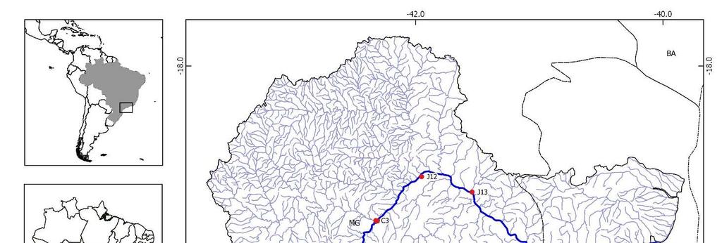 Figura 1: Pontos de amostragem ao o do Rio Doce (setas vermelhas) e em alguns afluentes (setas em azul).