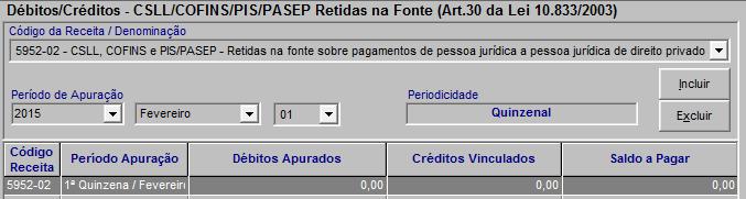 Ficha Demonstrativo do Saldo a Pagar do Débito 3º Lançamento: CSRF Compensações A empresa utilizou o crédito do pagamento a maior de Cofins no mês de fevereiro (exposto no exemplo anterior), através