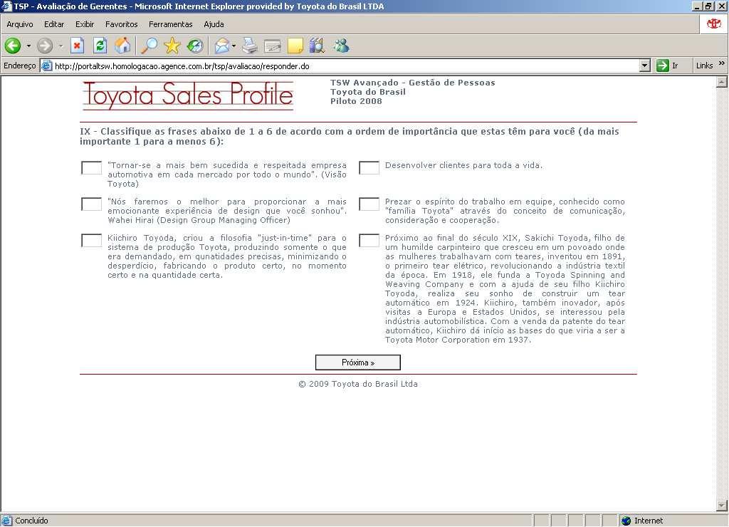 TSP - Toyota Sales Profile Questões de 9 a