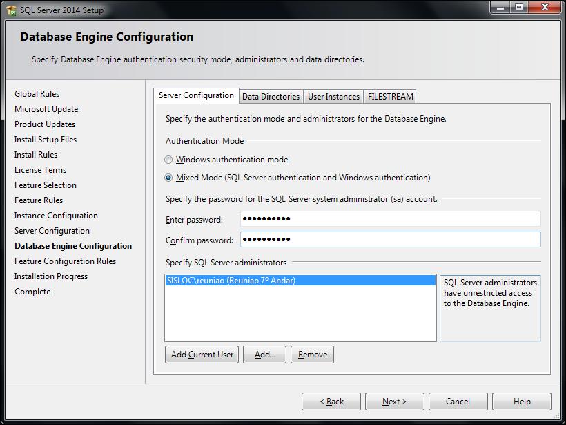 9.12. Nesta etapa, selecione a opção Mixed Mode e coloque a senha do sa para acessar o banco de dados.