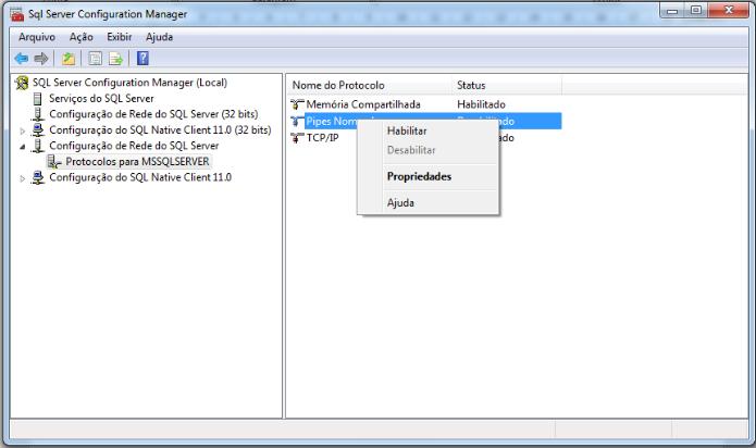 9.21. Dentro do item Configuração de Rede do SQL Server, selecione Protocolos para MSSQLServer (Figura 9.21) Figura 9.21 9.22.