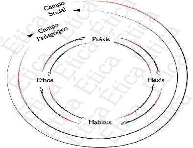 compreende o espaço do ethos. Dessa forma, consoante Bourdieu (1983, p.104), a força do ethos é que se trata de uma moral que se tornou hexis, gesto, postura.