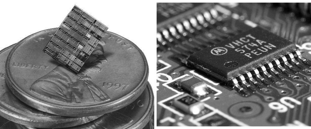 Introdução à Computação 14 / 58 Figura 1.20: Comparação do tamanho do circuito integrado com uma moeda (esquerda) e um chip (direita).