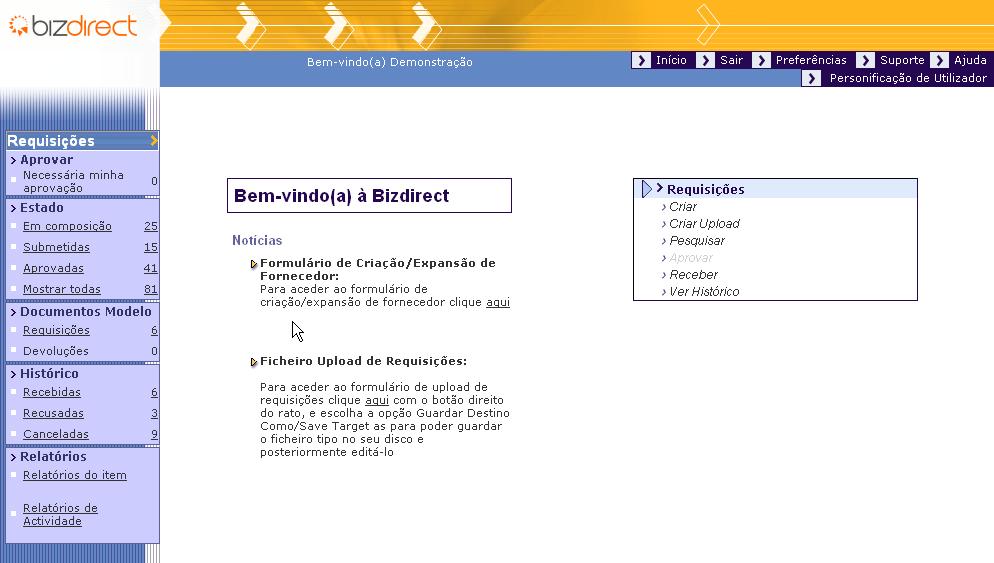 Criar por Upload Obter ficheiro de upload Esta disponível na página de entrada um ficheiro exemplo, que deverá ser usado para criar requisições por upload Para isso