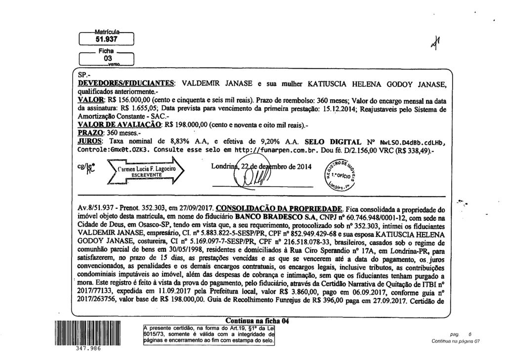 ~atrlcul~ ~1.937~ SP.- DEVEDORESIFIDUCIANTES: V ALDEMIR JANASE e sua mulher KA TIUSCIA HELENA GODOY JANASE, qualificados anterionnente. VALOR: R$ 156.000,00 (cento e cinquenta e seis mil reais).