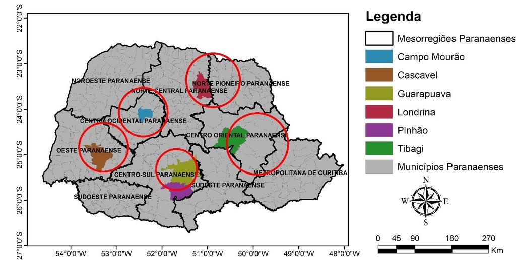 Figura 2 Localização dos municípios e mesorregiões paranaenses situados, em relação as áreas de maior concentração de cultivadas com culturas de inverno.