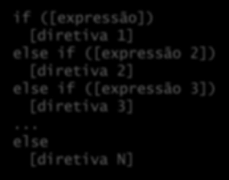 Encadeamento de ifs O if é uma diretiva como qualquer outra; Podemos colocá-lo como [diretiva 2], logo após o else (executada quando expressão é false): if ([expressão])