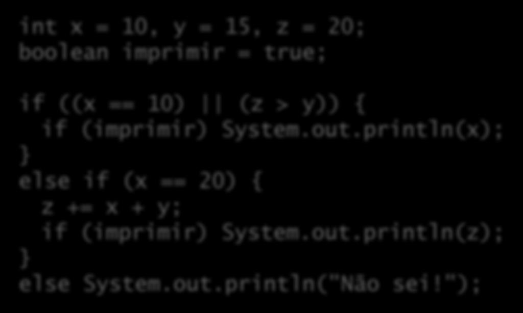 Exemplos int x = 10, y = 15, z = 20; boolean imprimir = true; if ((x == 10) (z > y)) { if (imprimir) System.out.