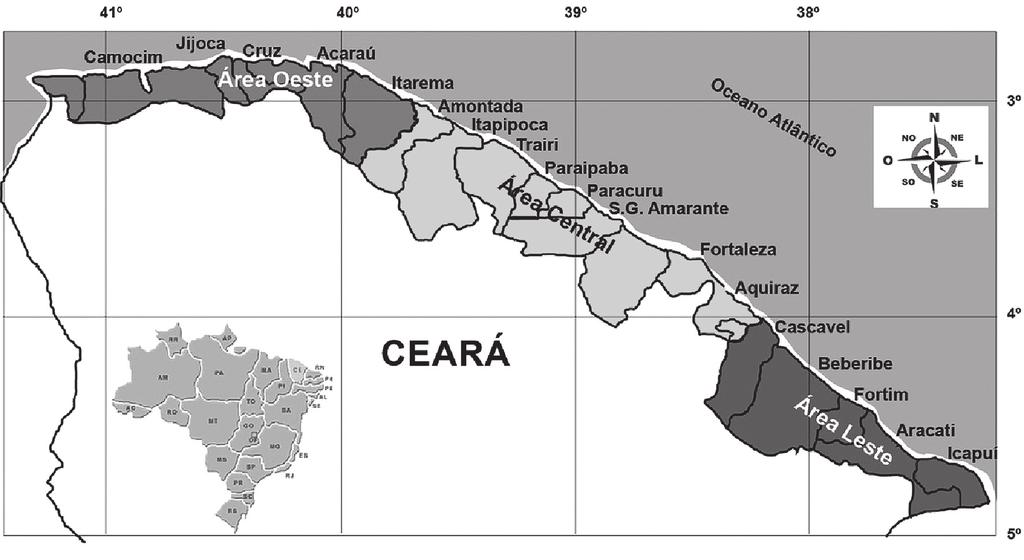 Figura 1 - Mapa do estado do Ceará, representando o Nordeste setentrional do Brasil, mostrando a divisão do litoral em subáreas de pesca e respectivos municípios.