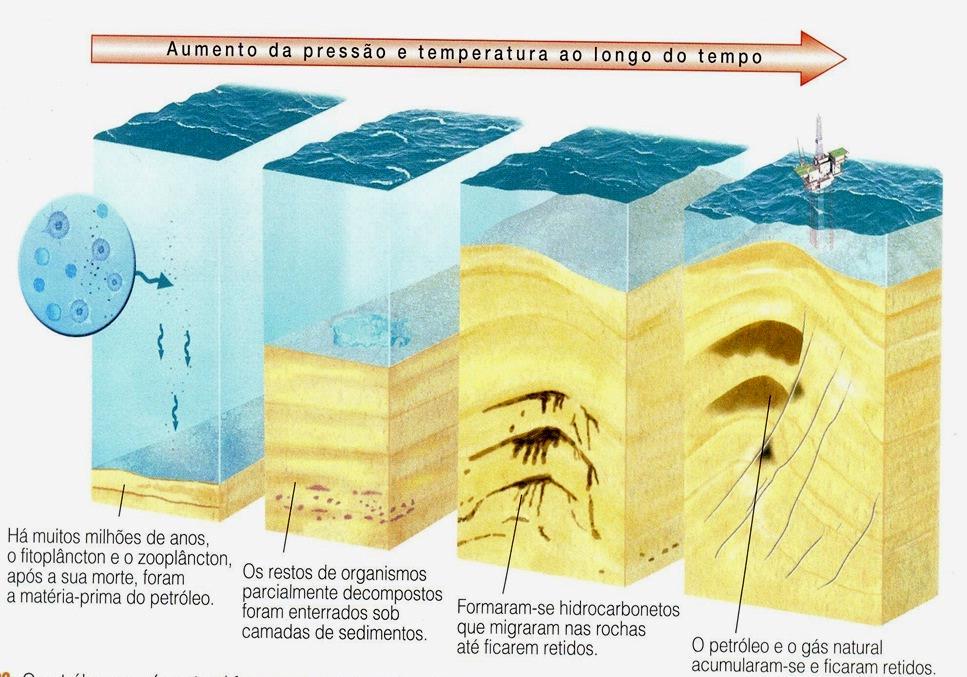 Com a contínua deposição de sedimentos no fundo, a pressão e a temperatura sobre esta matéria orgânica irá aumentar, originando do petróleo.