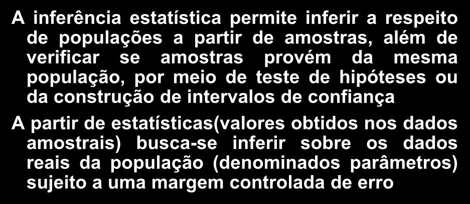 Estatística descritiva e inferencial A inferência estatística permite inferir a respeito de populações a partir de amostras, além de verificar se amostras provém da mesma população, por meio de teste