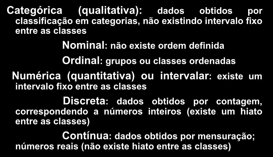 Escala de Variáveis Categórica (qualitativa): dados obtidos por classificação em categorias, não existindo intervalo fixo entre as classes Nominal: não existe ordem definida Ordinal: grupos ou