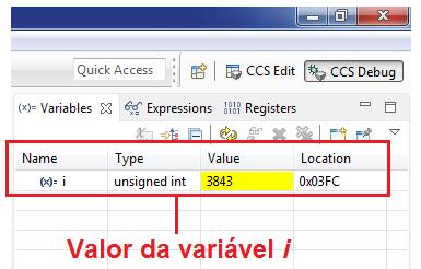 Se observarmos na aba variables (Lateral superior direita), teremos o valor da variável i declarada para armazenar a contagem da temporização entre o led aceso e apagado.