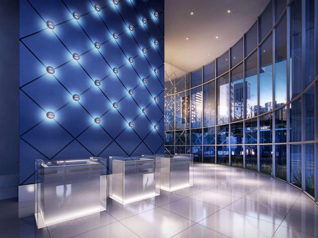 Perspectiva Ilustrada do Hall Comercial Arrojo arquitetônico, atmosfera impecável, tecnologia e serviços. O novo ícone do requinte paulistano trabalhando pelo seu negócio.
