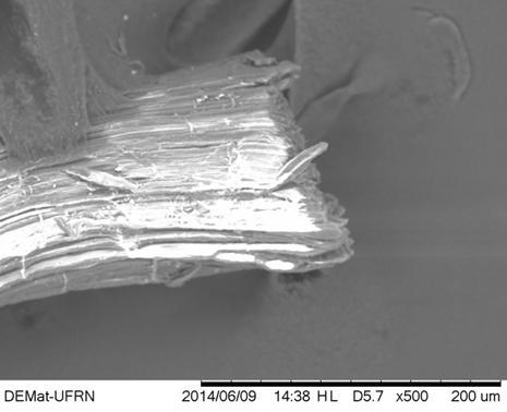 6 MEV da fibra tratada Ensaio de Tração Este ensaio objetiva determinar a máxima resistência à tração do material, foi realizado no Laboratório de engenharia Mecânica/UFRN, no equipamento de modelo