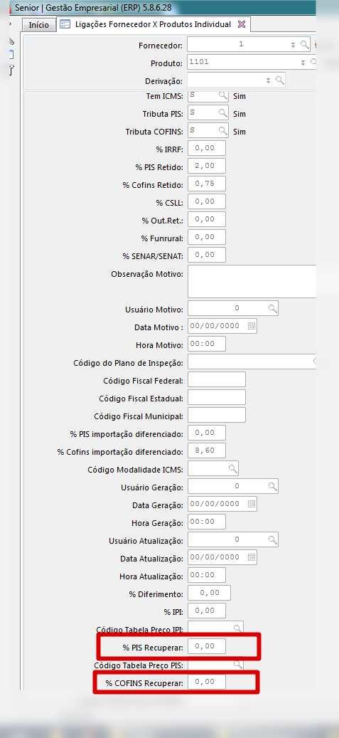 Também para os documentos de compra, ainda há os campos na ligação produto x fornecedor, que serão