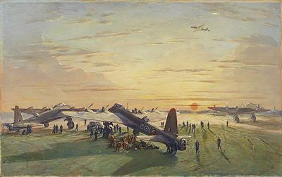 il. Color. 1. Cundall, Charles Ernest. Stirling Bomber Aircraft : Take-off at sunset. 1942. Pintura.